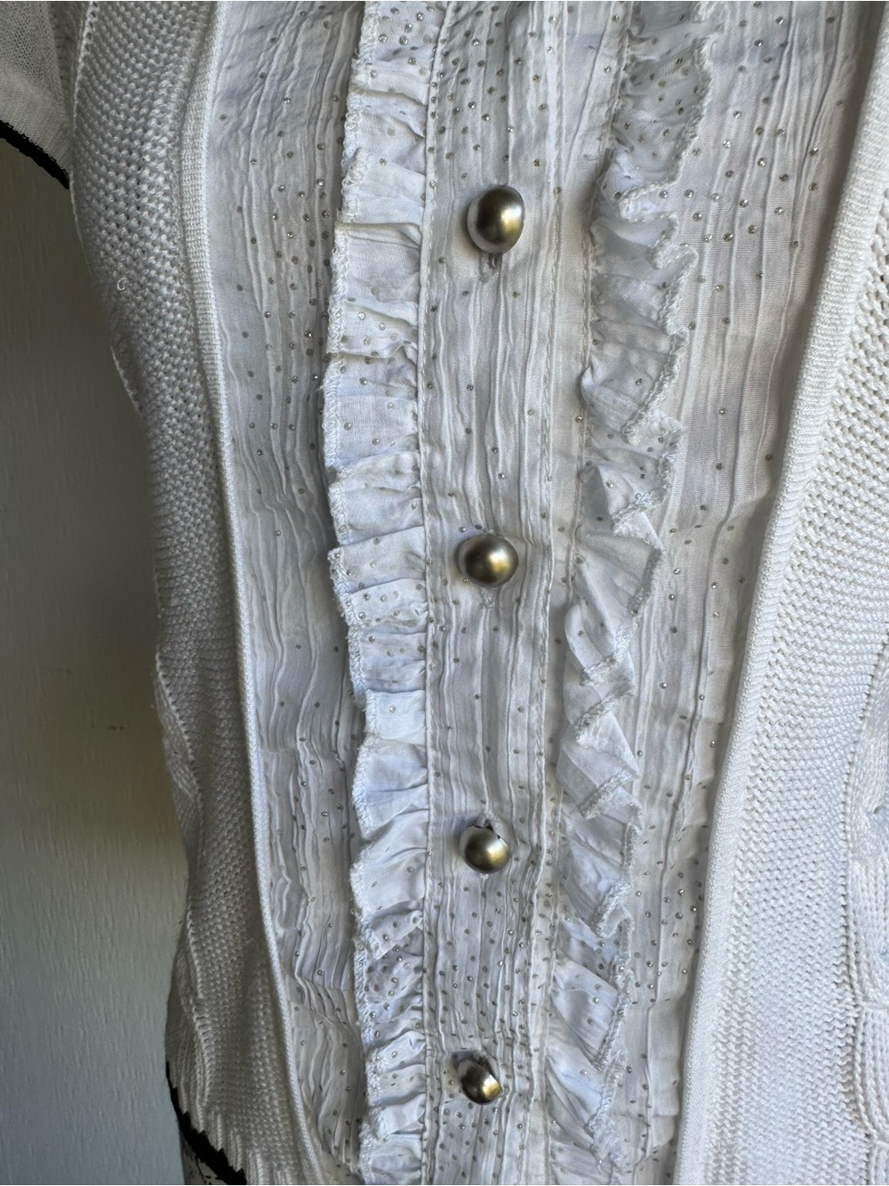 White Short-Sleeve Knit Button-Up Top with Ruffle Front - Picture 3 of 5